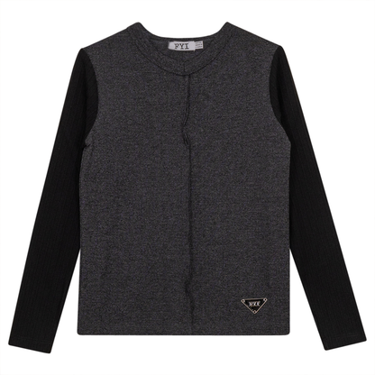 V-Neck Fine Rib Top Black Mix