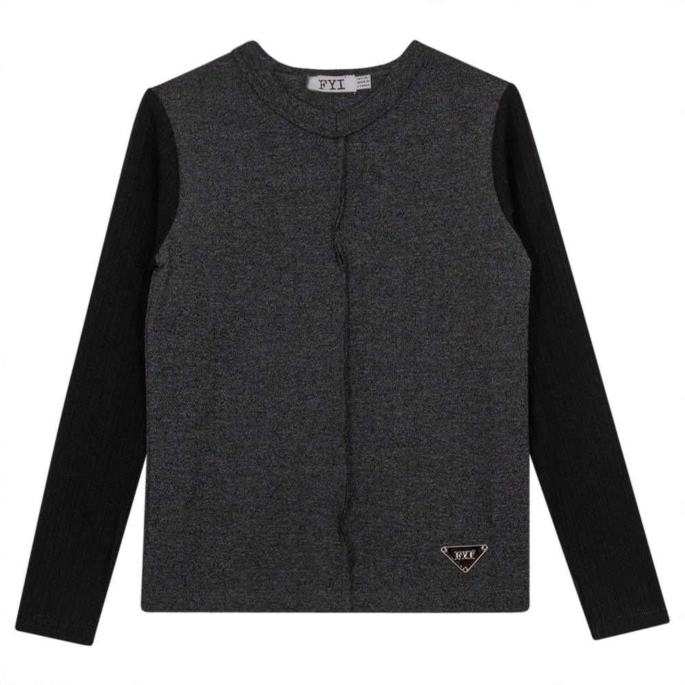 V-Neck Fine Rib Top Black Mix