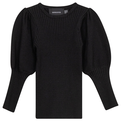 Rib Knit Top With Puff Sleeves Black
