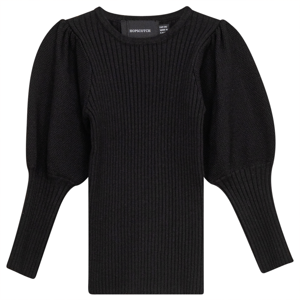 Rib Knit Top With Puff Sleeves Black