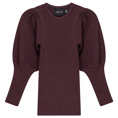 Rib Knit Top With Puff Sleeves Wine