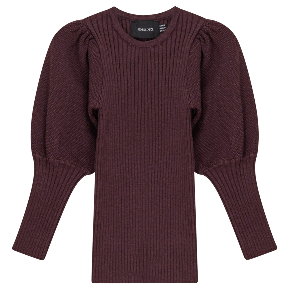 Rib Knit Top With Puff Sleeves Wine