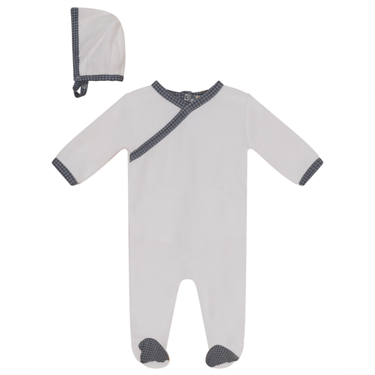 V-Neck Velour Onesie With Hat Off White Blue