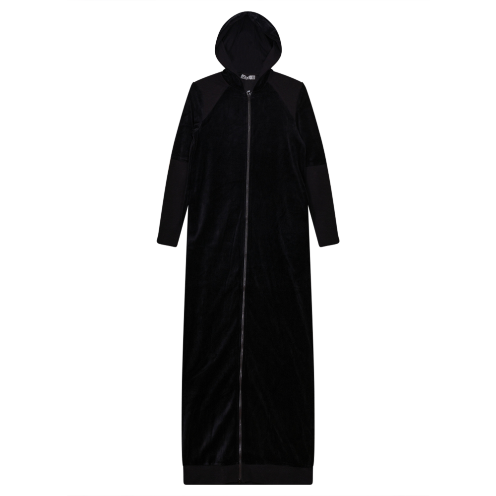 Cotton Velour Robe WIth Hoodie Black