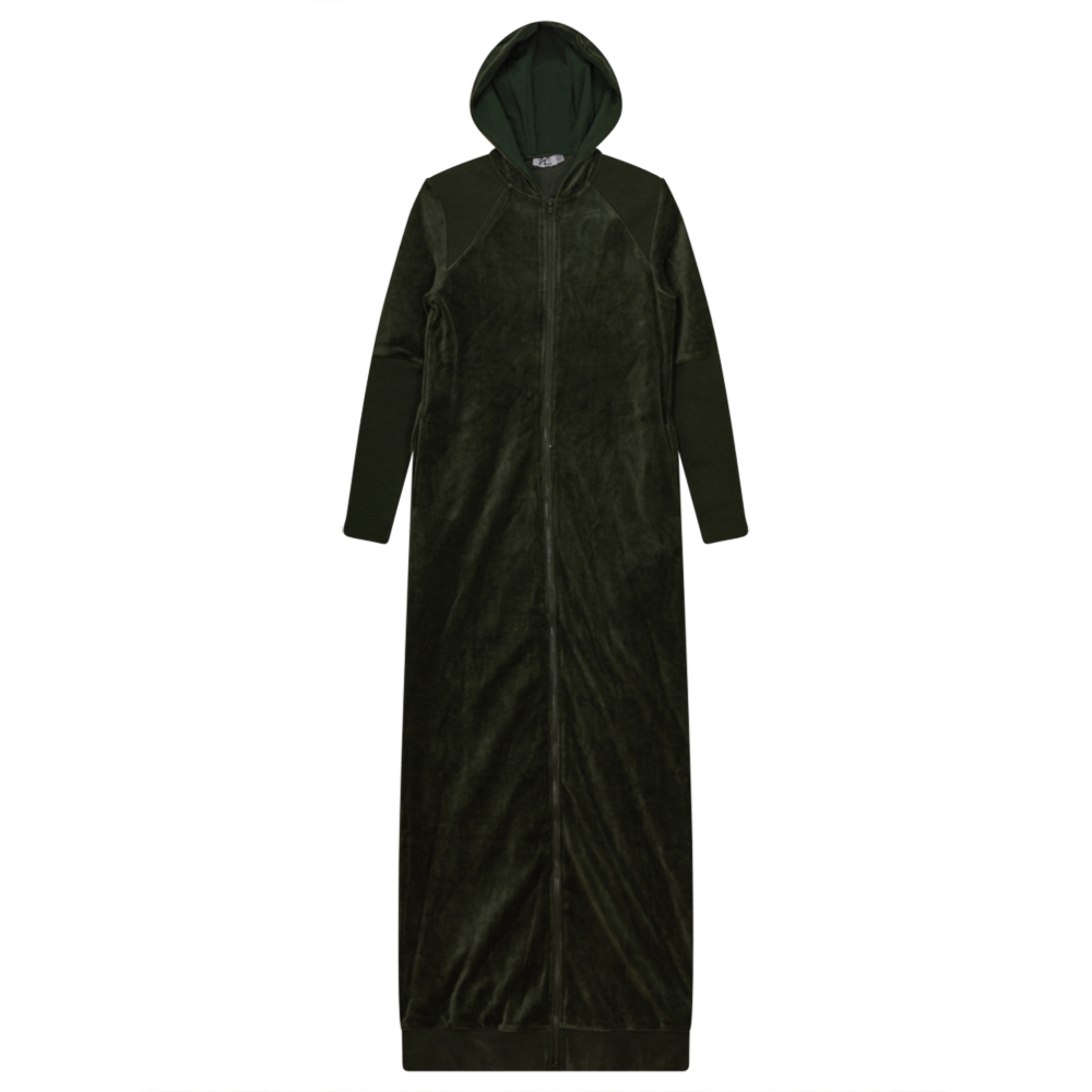 Cotton Velour Robe WIth Hoodie Olive