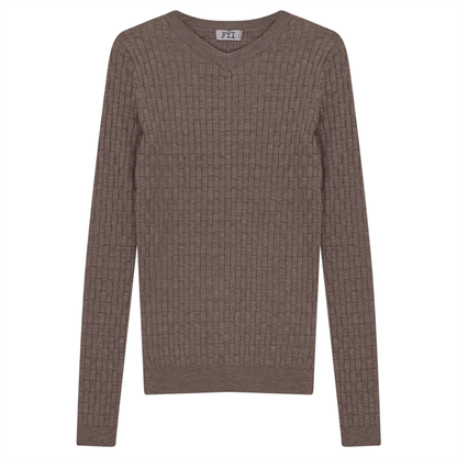 Knit Textured V-Neck Top Taupe Mix