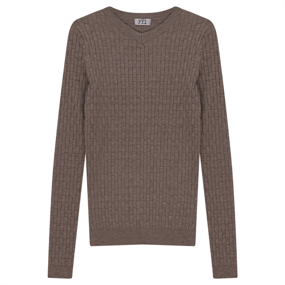 Knit Textured V-Neck Top Taupe Mix