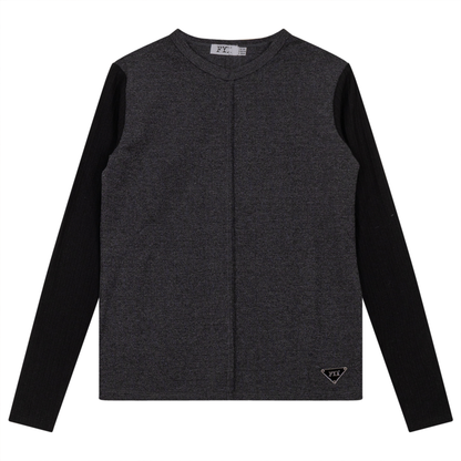 V-Neck Fine Rib Top Black Mix