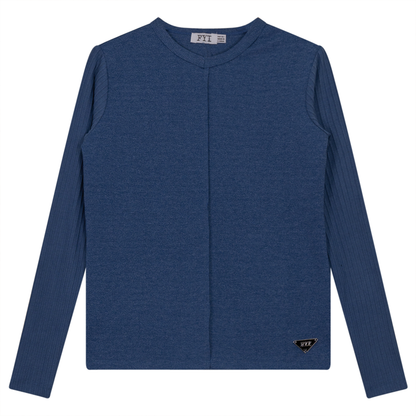 V-Neck Fine Rib Top Denim Mix