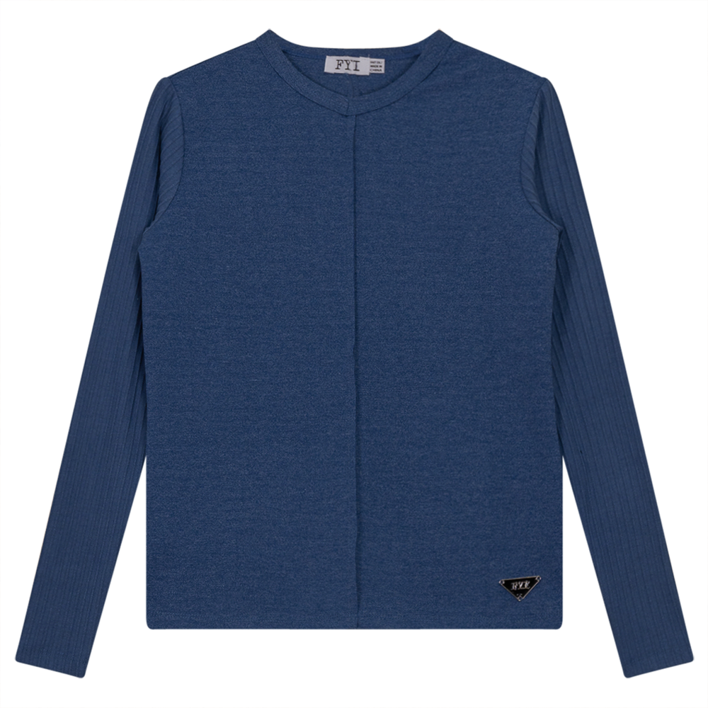 V-Neck Fine Rib Top Denim Mix