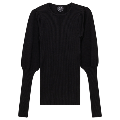 Rib Knit Top With Puff Sleeves Black