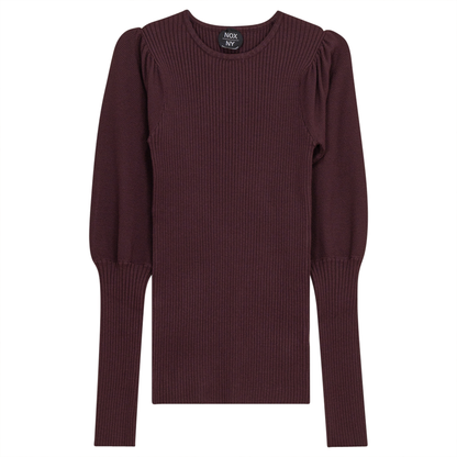Rib Knit Top With Puff Sleeves Wine