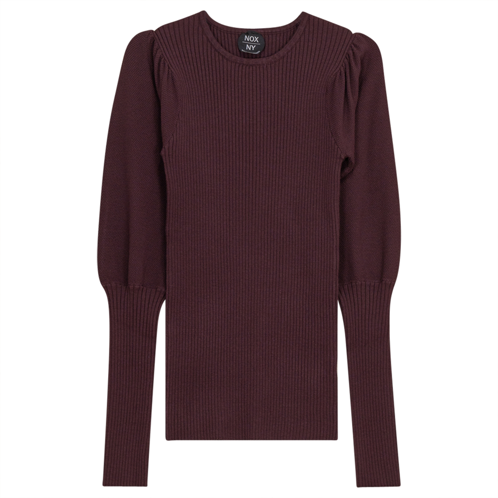Rib Knit Top With Puff Sleeves Wine