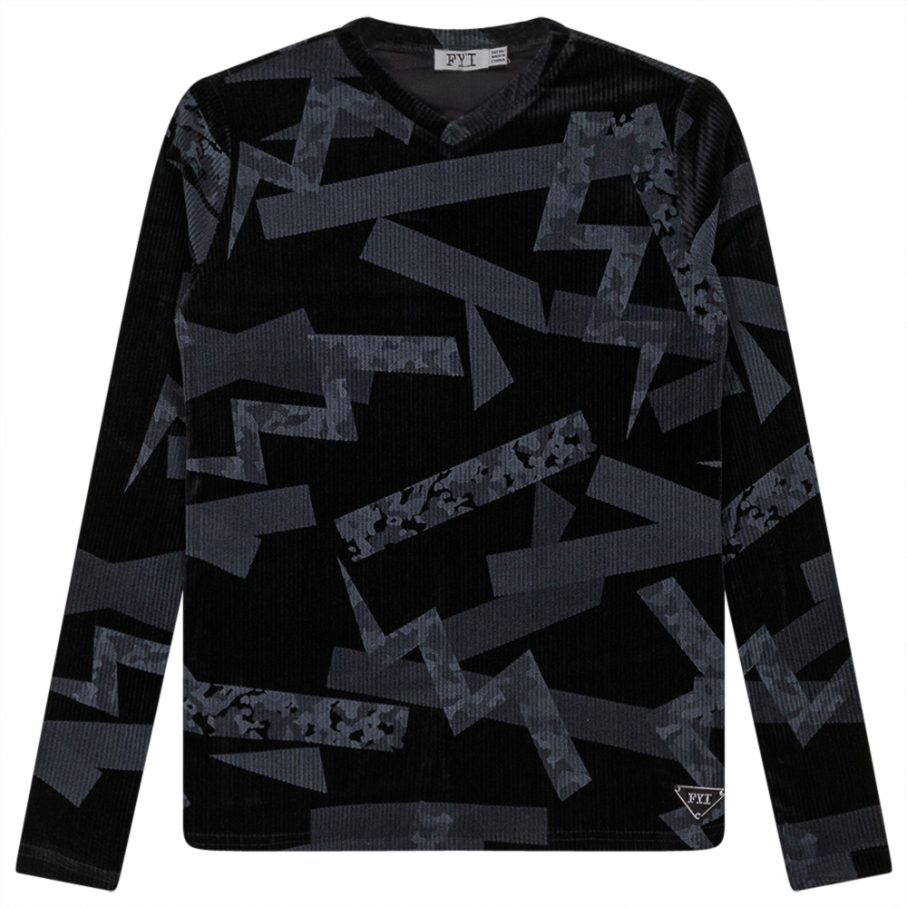 Rib Velour Print Top With V-Neck