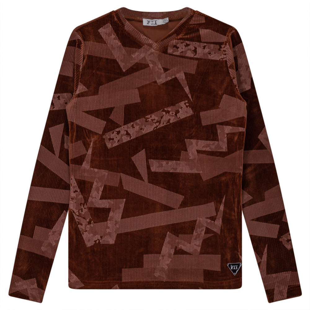 Rib Velour Print Top With V-Neck