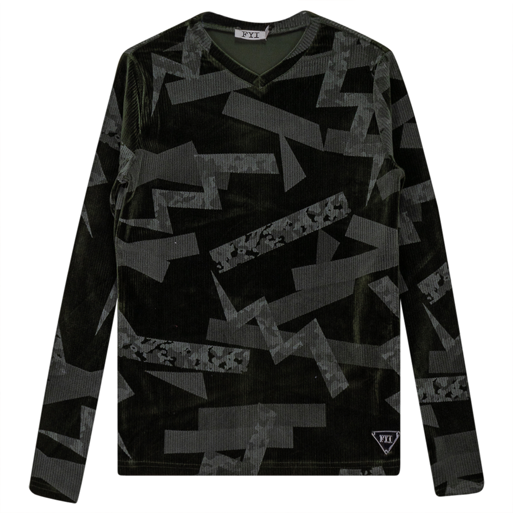 Rib Velour Print Top With V-Neck