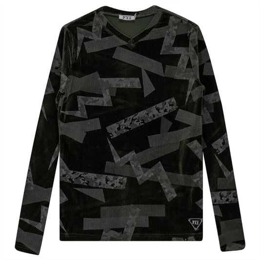 Rib Velour Print Top With V-Neck