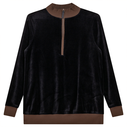 Velour Zipper Mock Neck Contrast Maternity Top Black Coffee