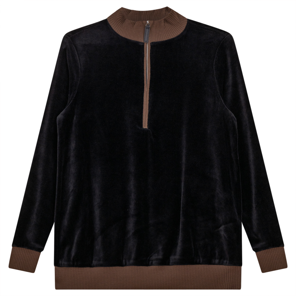 Velour Zipper Mock Neck Contrast Maternity Top Black Coffee