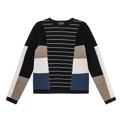 Striped Color Blocked Knit Sweater Black White Multi Color