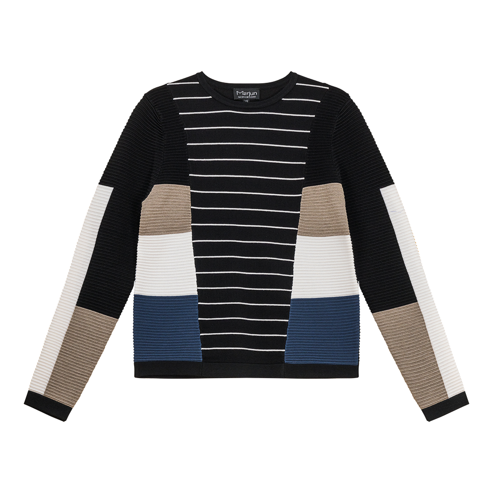 Striped Color Blocked Knit Sweater Black White Multi Color