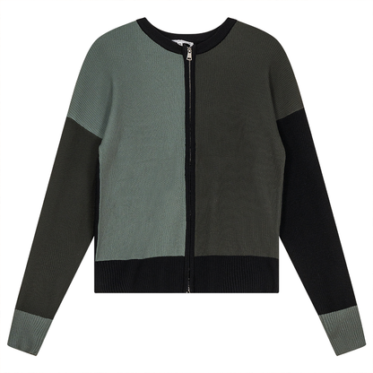 Color Block Double Zip Knit Cardigan Dark Olive Light Basil Black