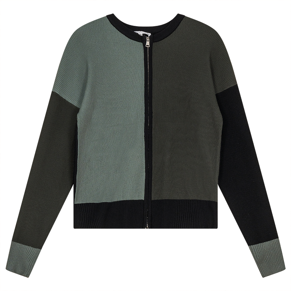 Color Block Double Zip Knit Cardigan Dark Olive Light Basil Black
