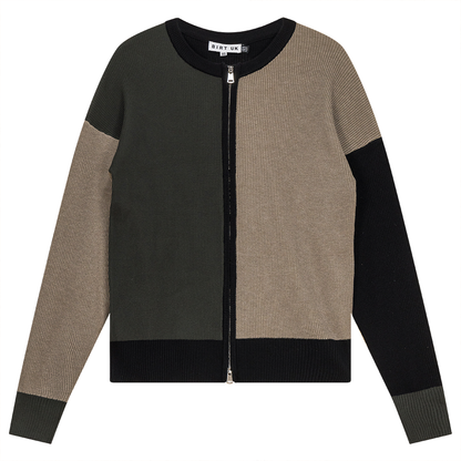 Color Block Double Zip Knit Cardigan Stone Dark Olive Black