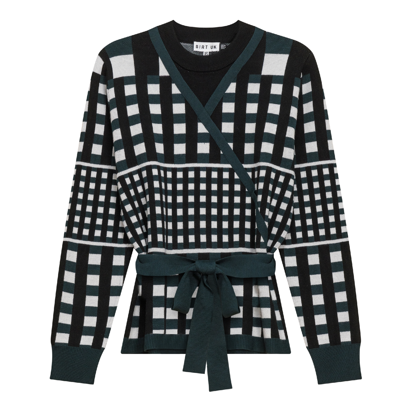 Checker Wrap Knit Mock Neck Sweater Black Deep Teal