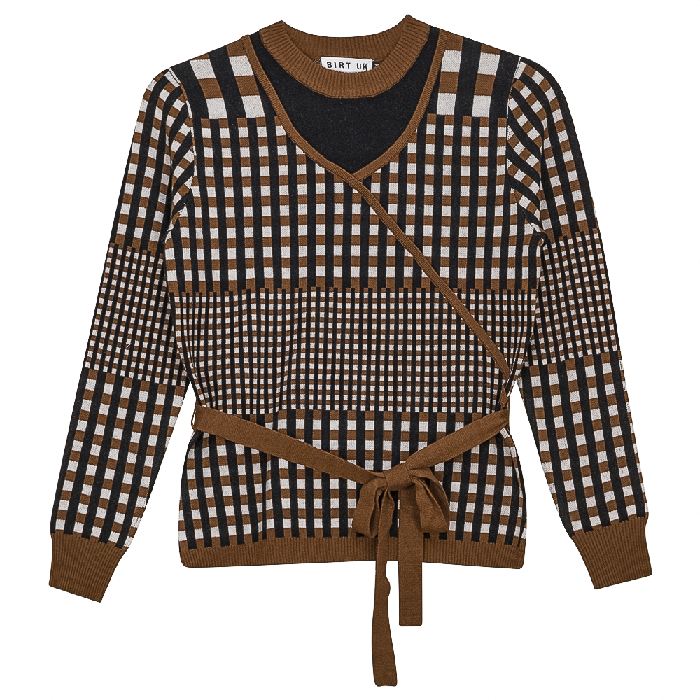 Checker Wrap Knit Mock Neck Sweater Black Taupe