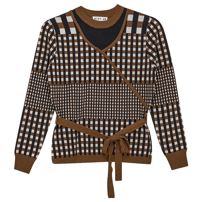 Checker Wrap Knit Mock Neck Sweater Black Taupe