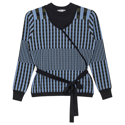 Checker Wrap Knit Mock Neck Sweater Dusty Blue Black