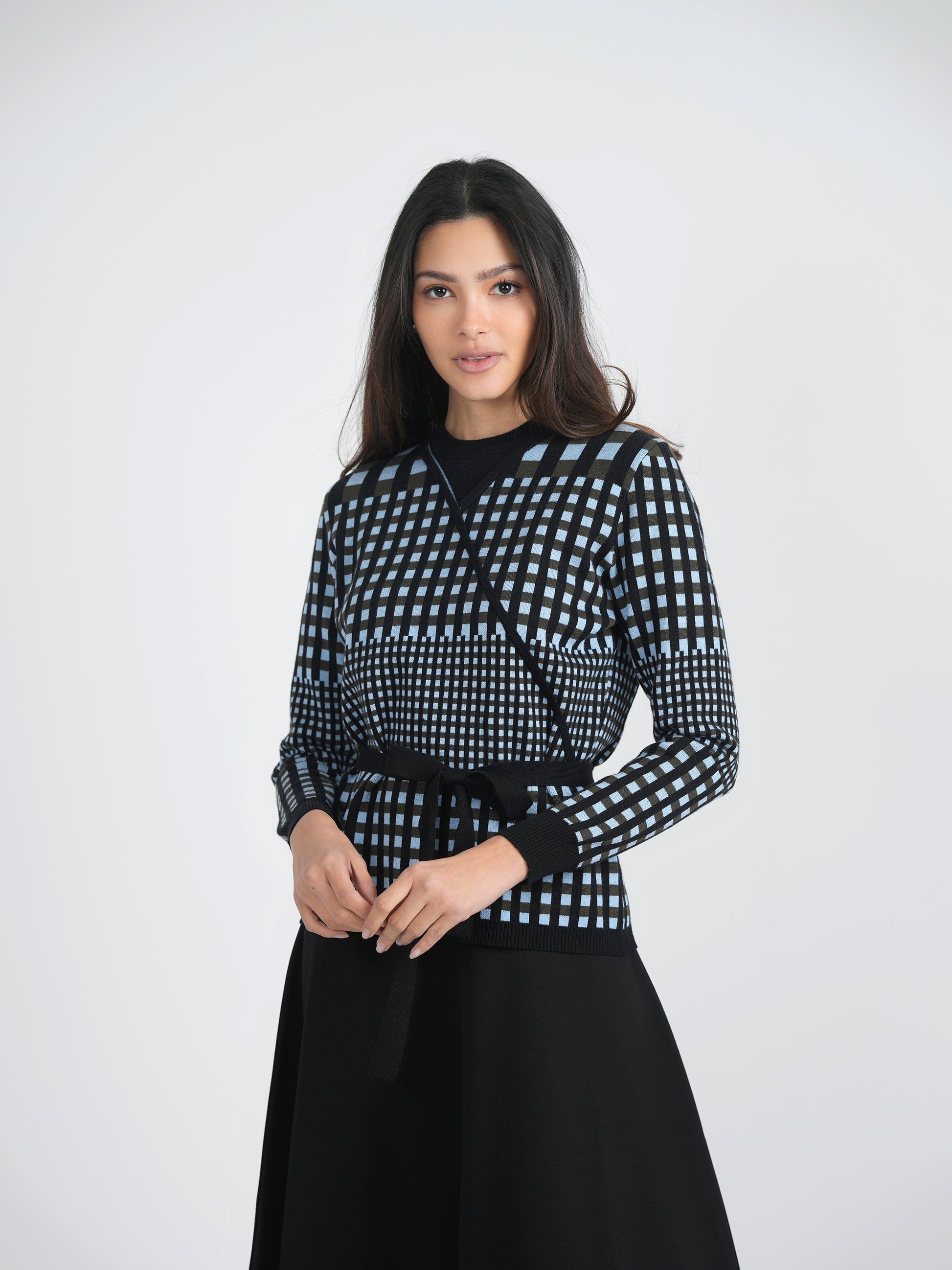 Checker Wrap Knit Mock Neck Sweater