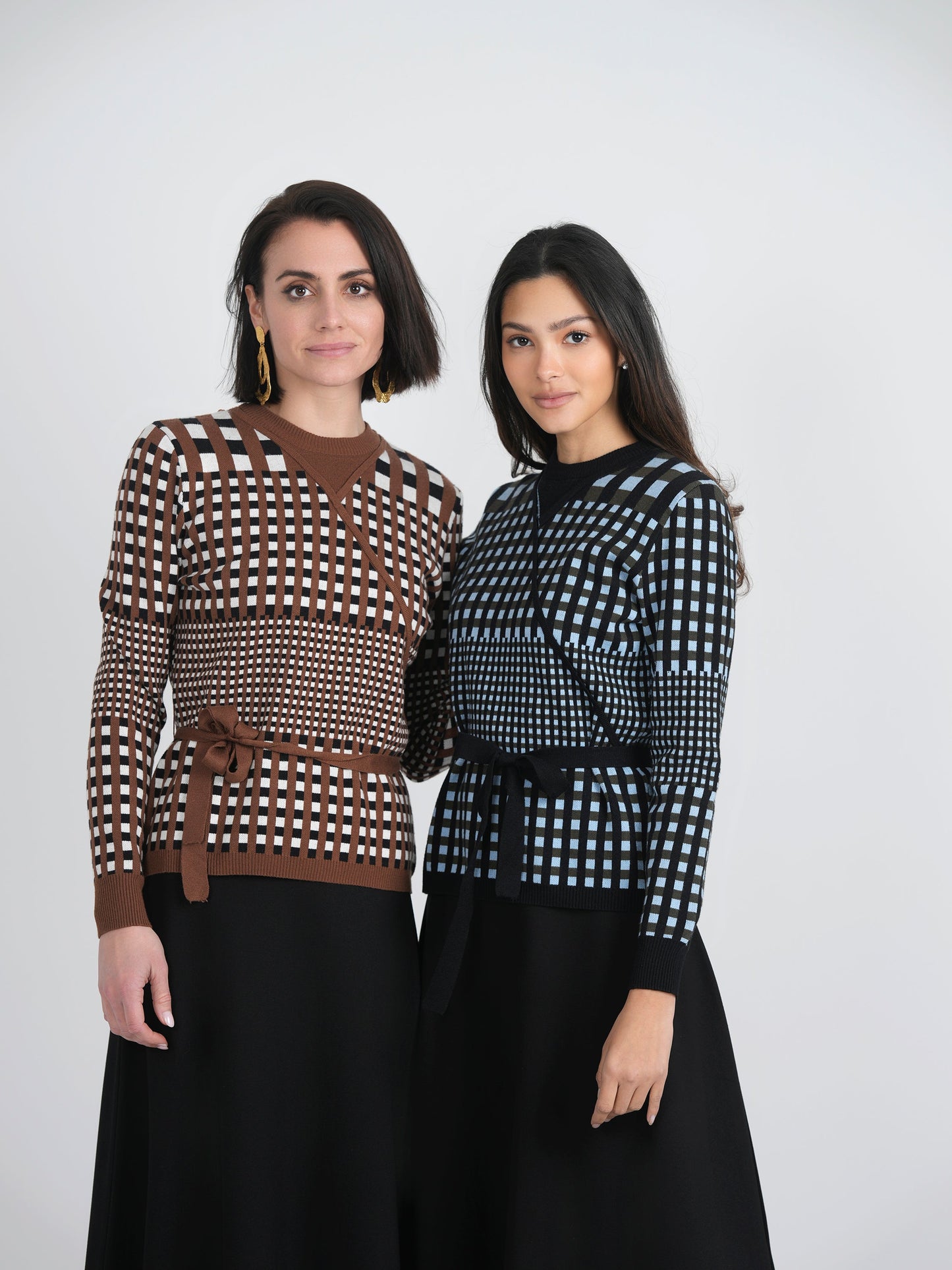 Checker Wrap Knit Mock Neck Sweater