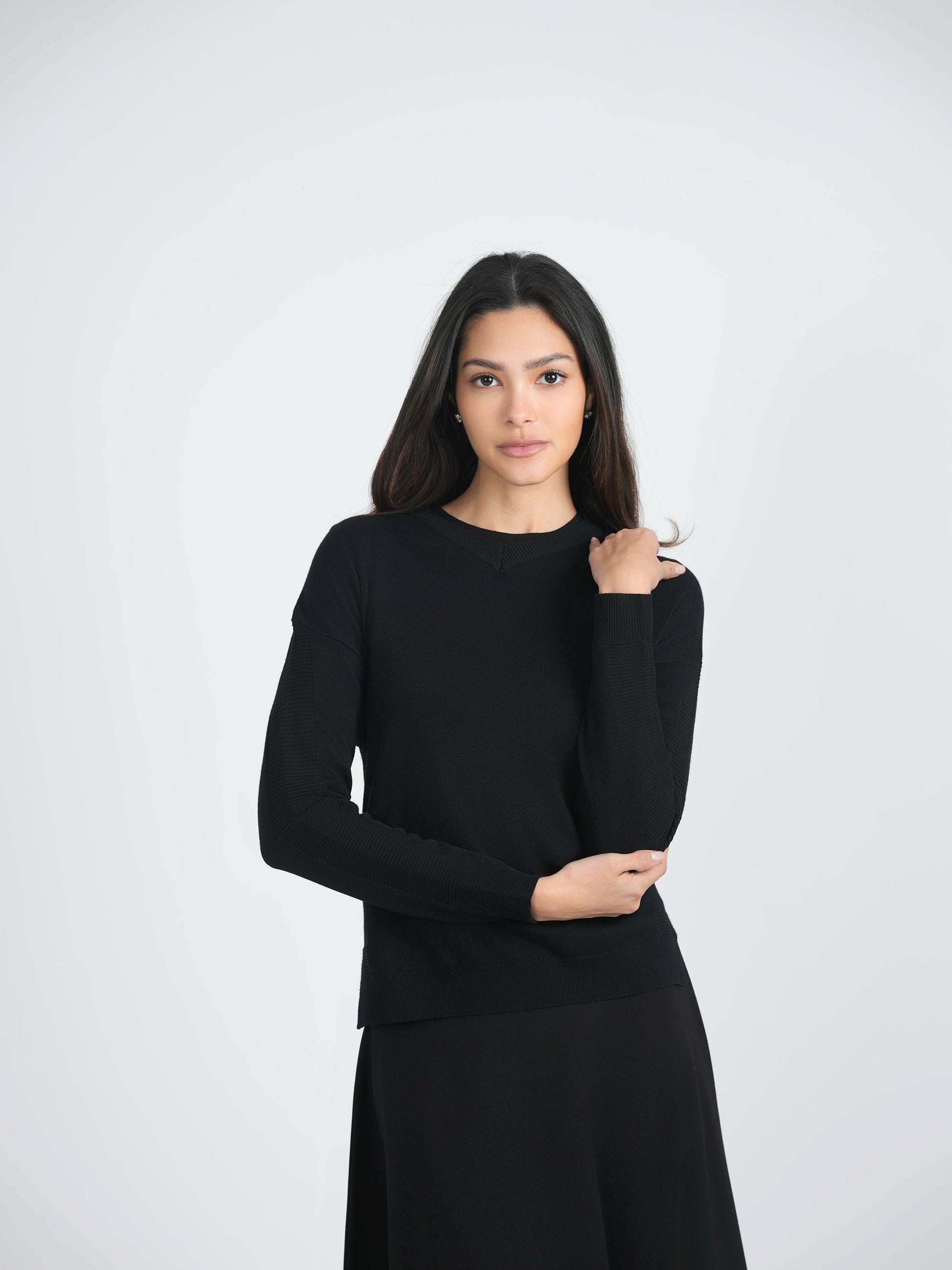 Closed V-Neck Rib Combo Sweater