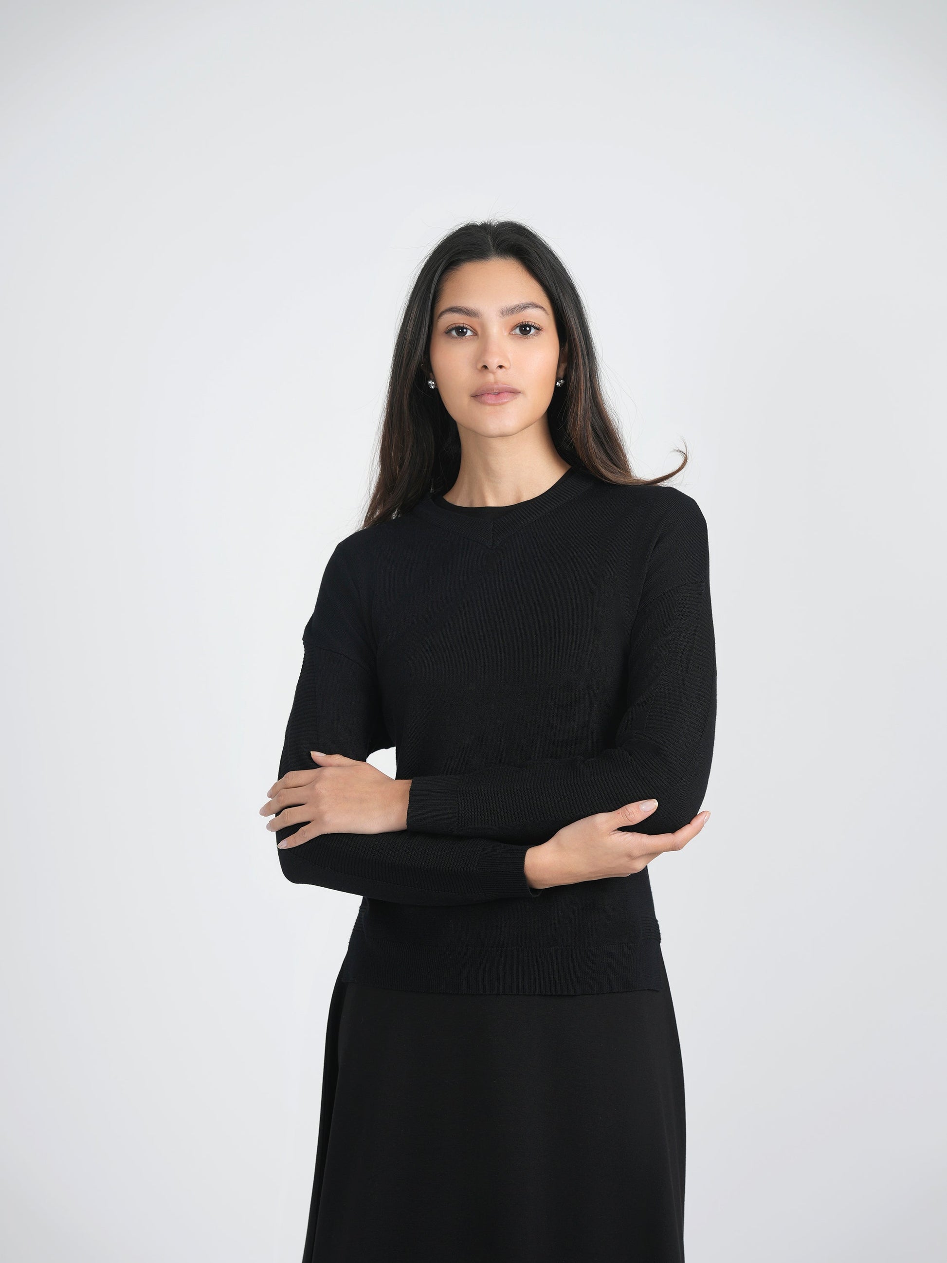 Closed V-Neck Rib Combo Sweater