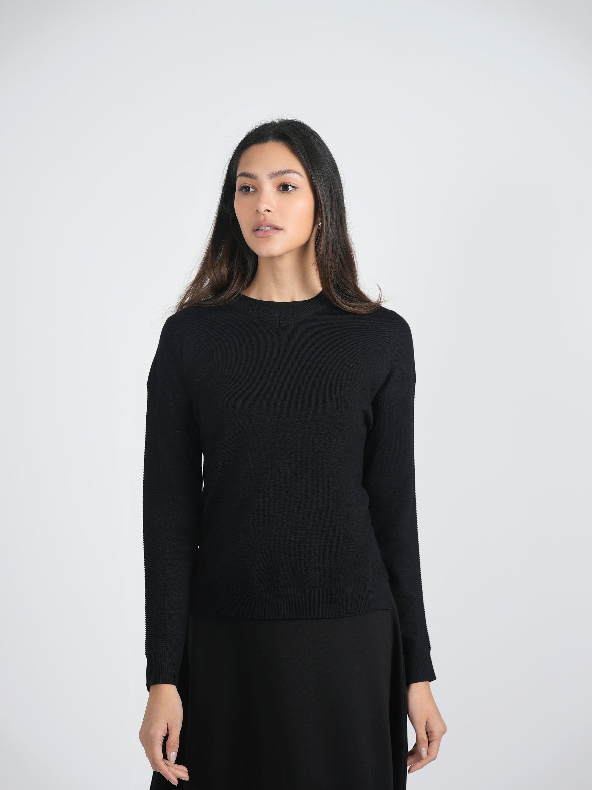 Closed V-Neck Rib Combo Sweater