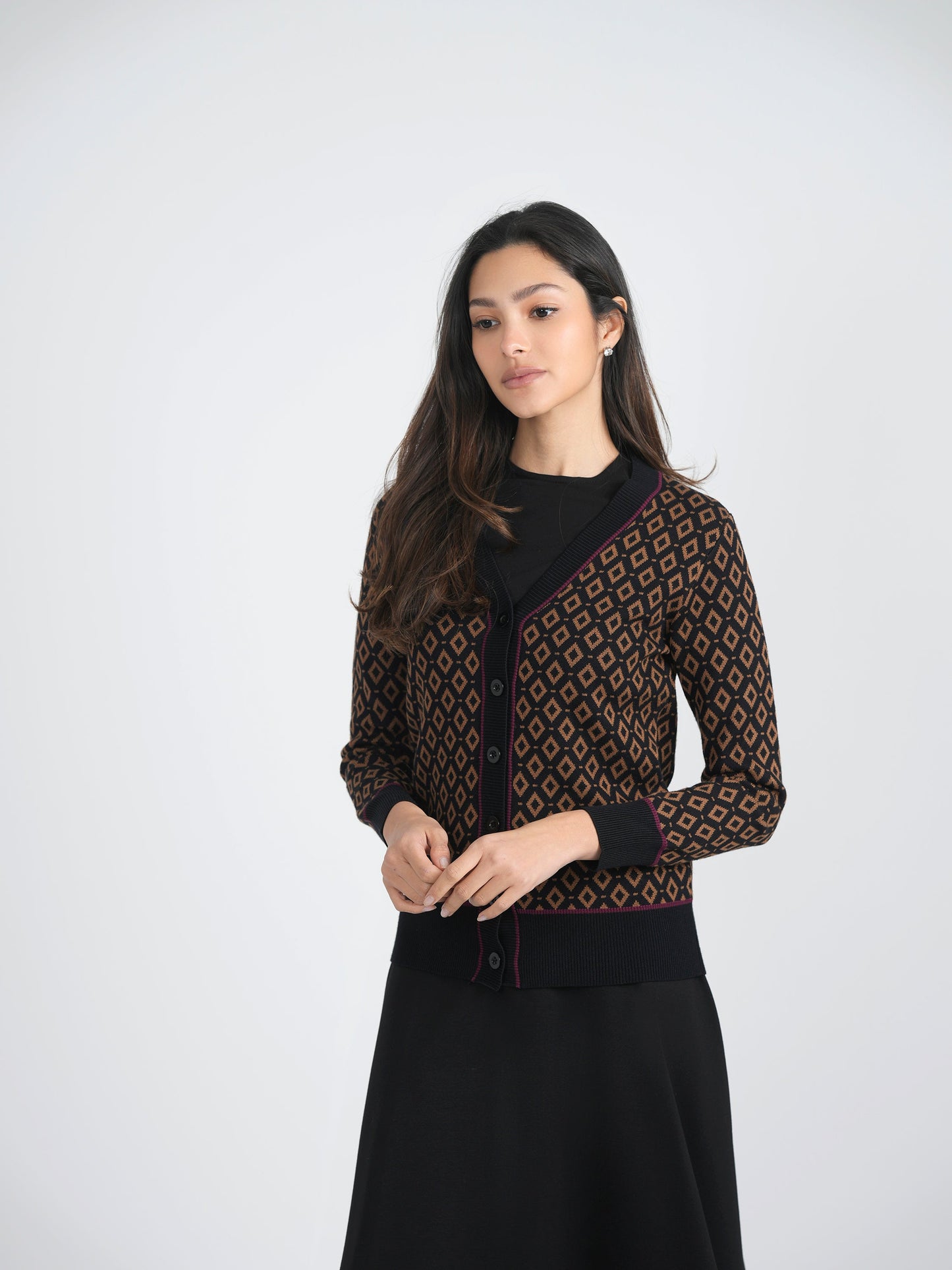 Sweater Knit With Diamond Design Cardigan