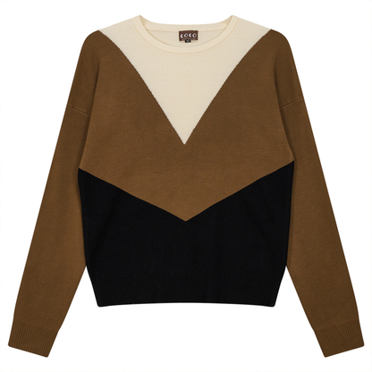 V-Shaped Color Blocked Sweater Black Taupe