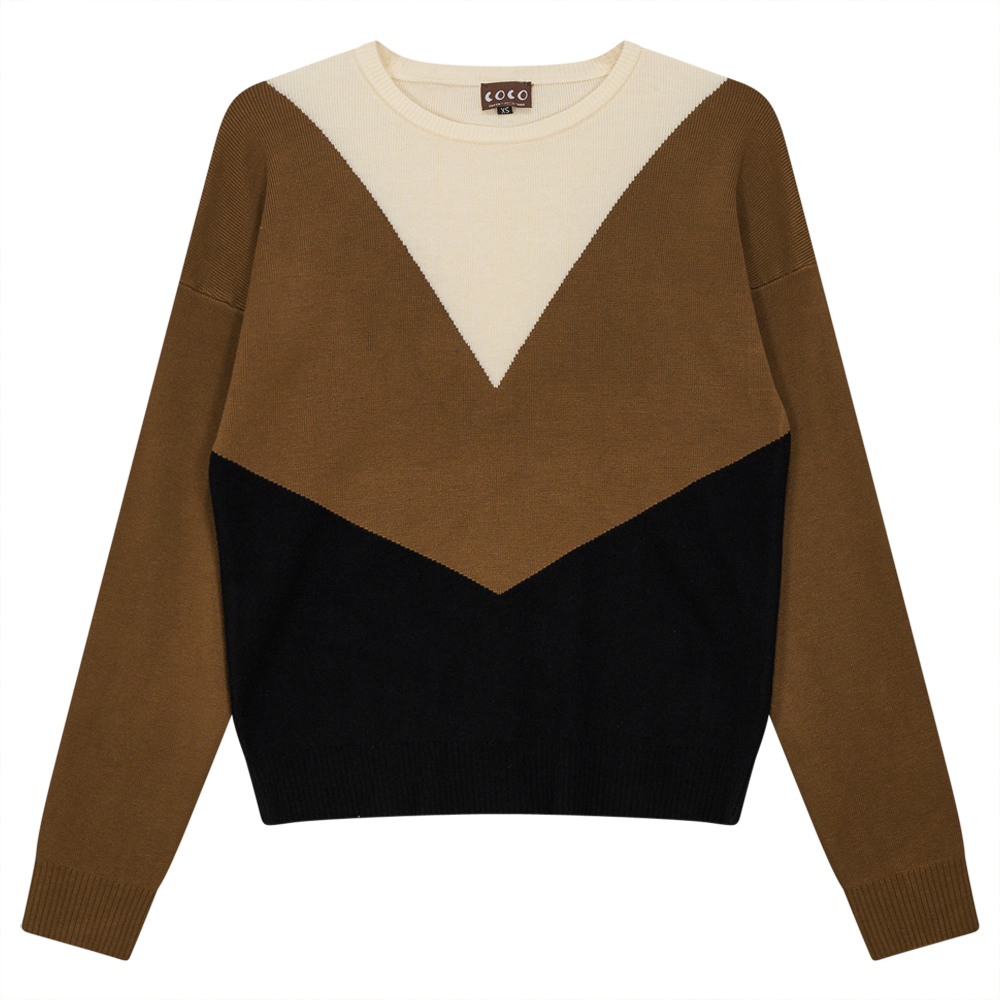V-Shaped Color Blocked Sweater Black Taupe