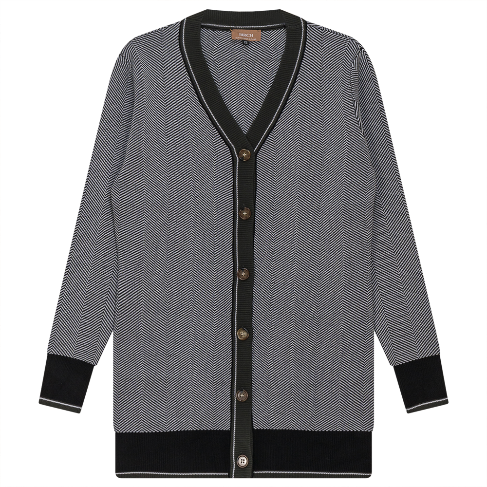 Sweater Knit Herringbone Design Cardigan Black White Dark Olive