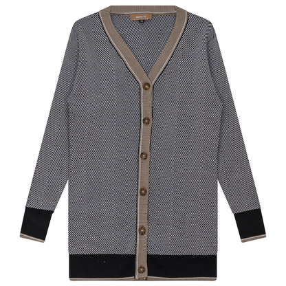 Sweater Knit Herringbone Design Cardigan Black White Stone
