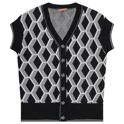 Diamond Jacquard Knit Vest Cardigan Black