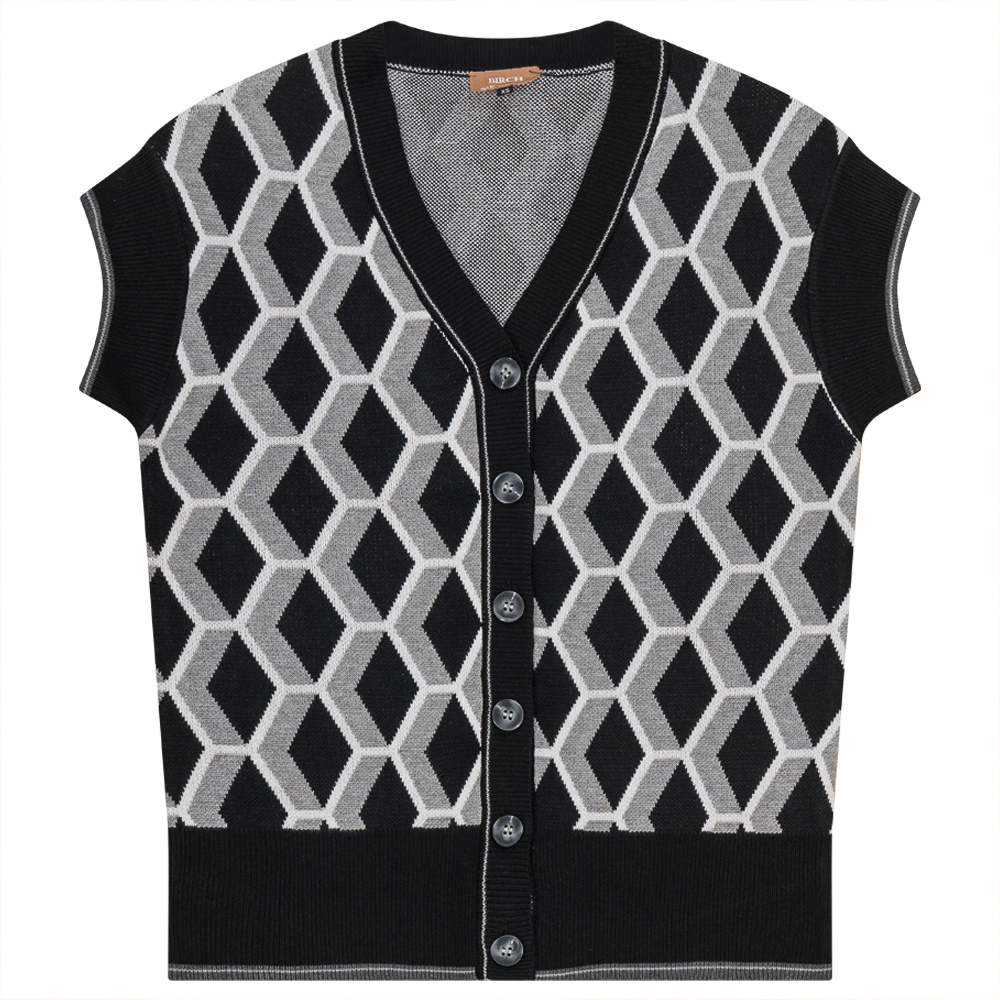Diamond Jacquard Knit Vest Cardigan Black