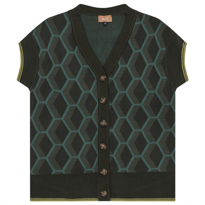 Diamond Jacquard Knit Vest Cardigan Dark Olive