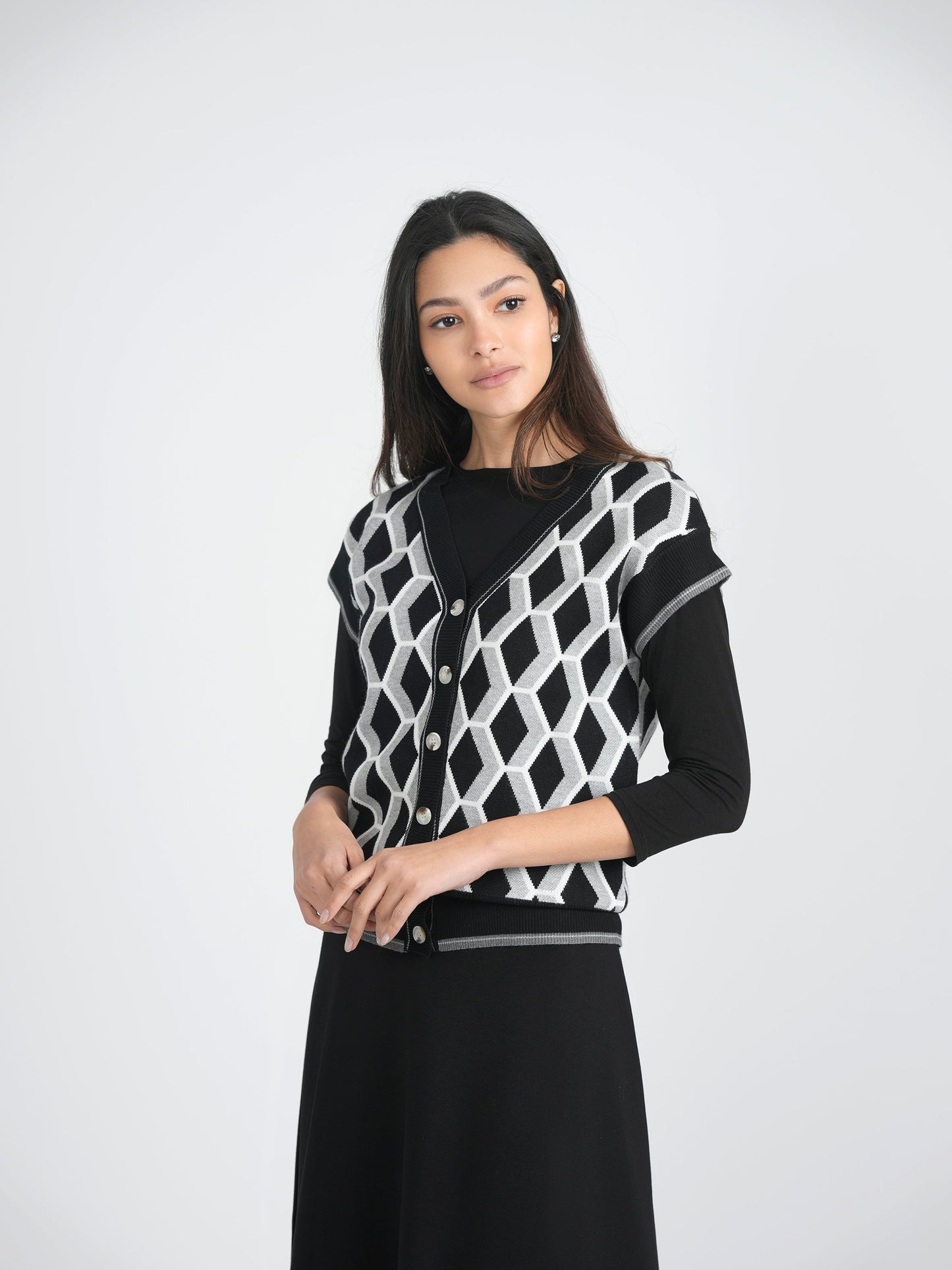 Diamond Jacquard Knit Vest Cardigan