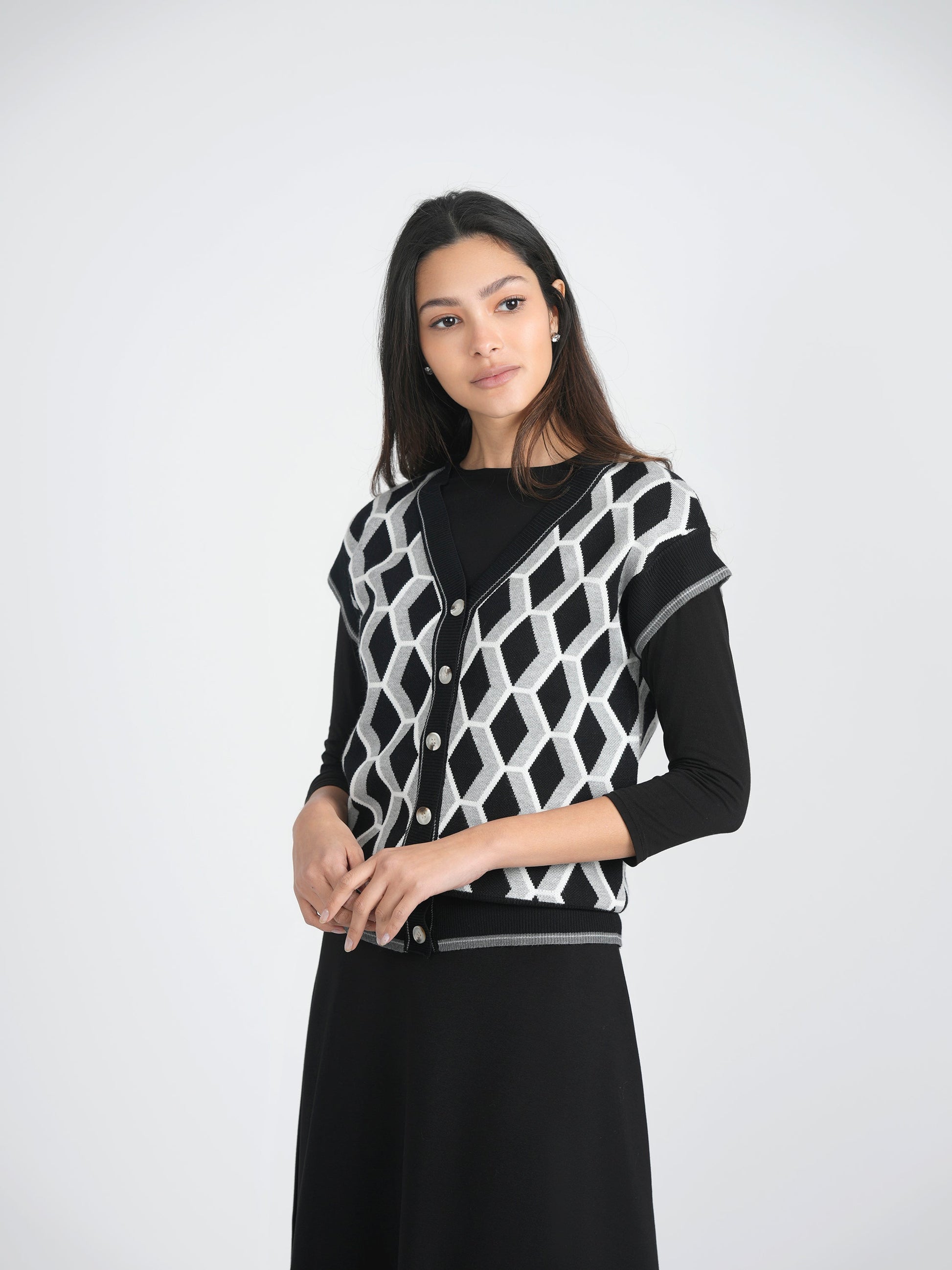 Diamond Jacquard Knit Vest Cardigan