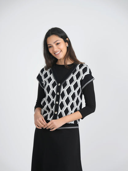 Diamond Jacquard Knit Vest Cardigan
