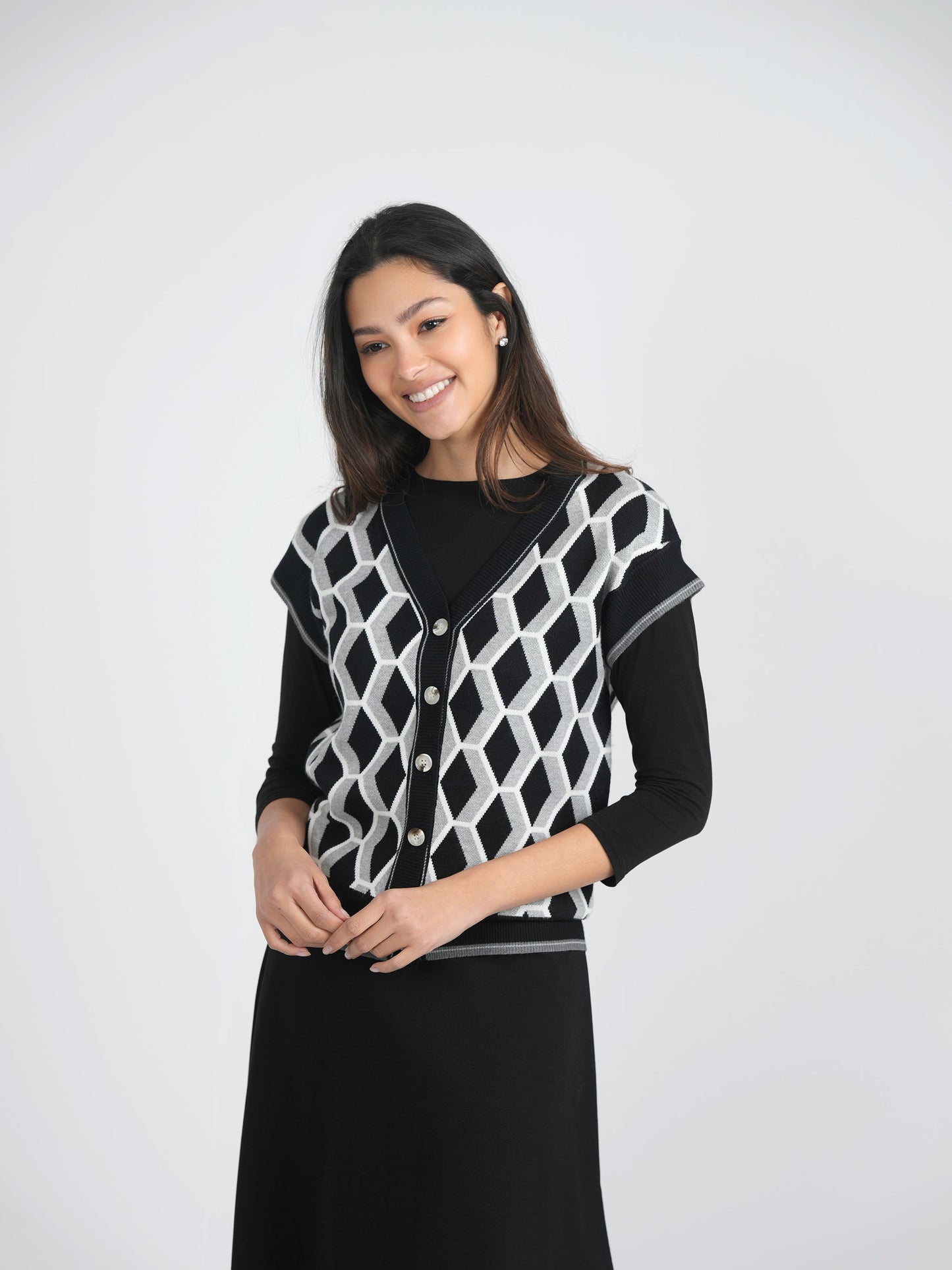 Diamond Jacquard Knit Vest Cardigan