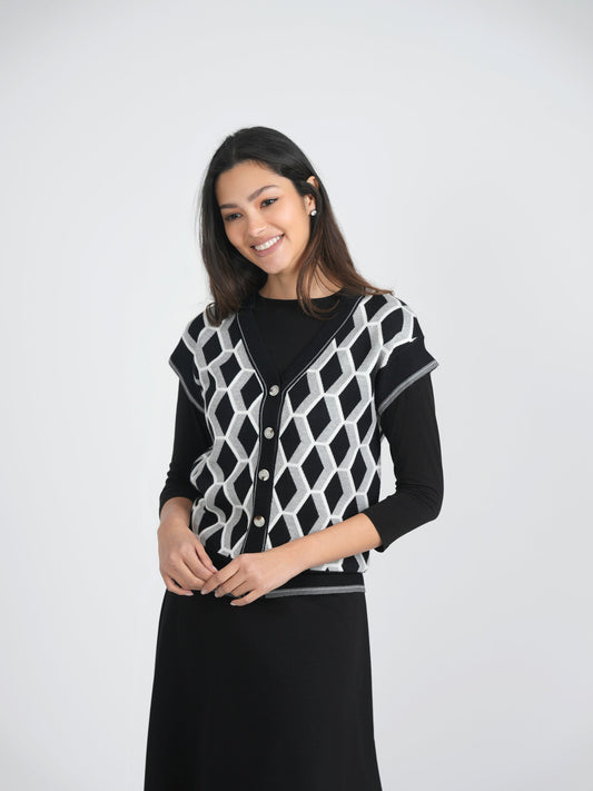 Diamond Jacquard Knit Vest Cardigan